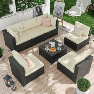 ECOPATIO 7 Pieces Patio Conversation Set, Outdoor Sectional PE Rattan Wicker Furniture Seat,Beige