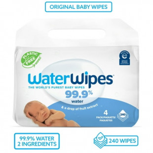 WaterWipes Original 99.9% Water Based Baby Wipes, Unscented, 4 Resealable Packs (240 Wipes) (Select for More Options)