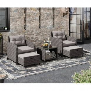 Bifanuo Balcony Furniture 5 Piece Patio Conversation Set, PE Wicker Rattan Outdoor Lounge Chairs with Soft Cushions 2 Ottoman&Glass Table for Porch.