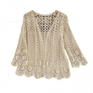 Women Long Sleeve Cardigan Hollow Crochet Floral Sweater Coat Beach Mesh Shrug