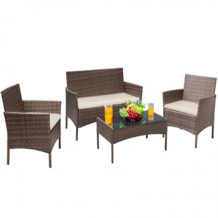 Vineego 4 Pieces Outdoor Patio Furniture Sets Conversation Sets Rattan Chair Wicker Sets with Cushioned Tempered Glass