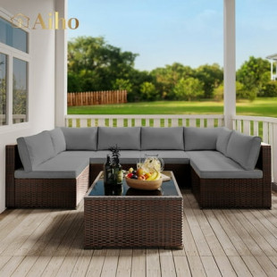 Aiho 7 Piece Outdoor Patio Furniture Set, Rattan Wicker Outdoor Conversation Sectional Sofa Set, Gray