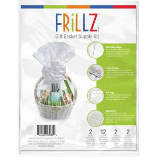 Frillz Brand Gift Basket Wrap 2 Pack Kit: 2 Ribbon Bows, 2 White Tags, 2 Clear Bags, 12 Glue Dots