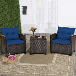 Costway 3PCS Patio Rattan Furniture Set Cushioned Conversation Set Coffee Table Navy