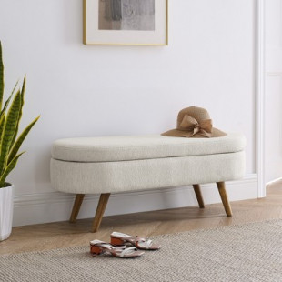 Oval Storage Ottoman with Rubberwood Legs, Beige - ModernLuxe