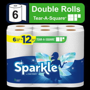 Sparkle Tear-a-Square Paper Towels, White, 6 Double Rolls