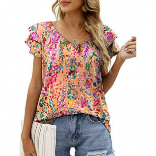 Mengpipi Womens Tops Summer Double Ruffle Short Sleeve V-Neck Casual Blouses, Colorful Leaves-L(US 12-14)