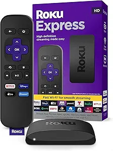 Roku Express | HD Roku Streaming Device with Standard Remote (no TV controls), Free & Live TV