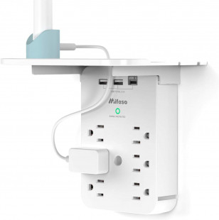 Wall Outlet Extender with Surge Protector, 6 Outlets, Shelf, USB & USB-C Ports