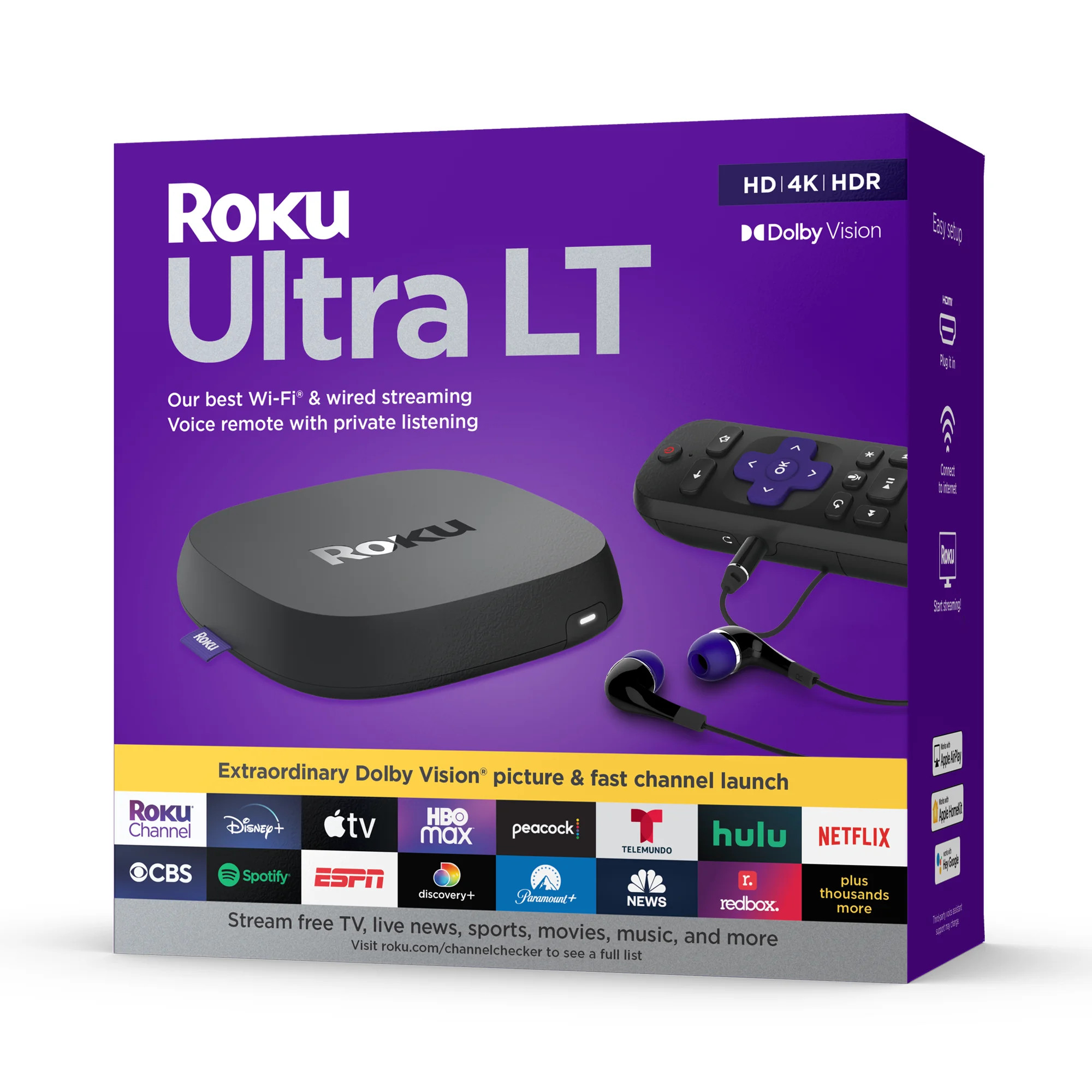 Roku Ultra LT 4K Streaming Device with Dolby Vision, HDR, Dual-Band Wi-Fi, Roku Voice Remote & HDMI Cable