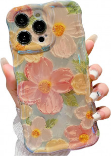 SPOBIT for iPhone 13 Pro Max Case, Colorful Retro Oil Painting Flower Cute Curly Wave Border Floral Case