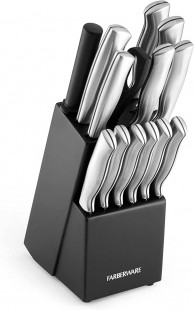 Farberware 15-Piece High-Carbon Stamped Stainless Steel Kitchen Knife Set with Wood Block