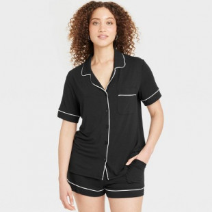 Women's Cloud Knit Short Sleeve Notch Collar Top and Shorts Pajama Set - Auden™ Black M