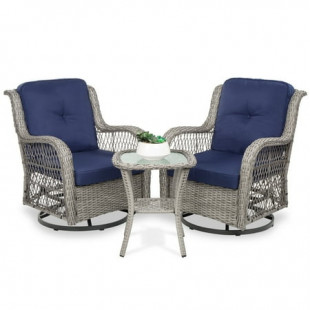 Best Choice Products 3-Piece Patio Wicker Bistro Furniture Set w/ 2 Cushioned Swivel Rocking Chairs, Side Table - Navy