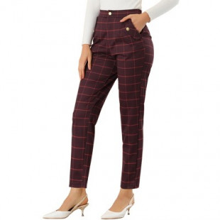 Allegra K Women's Vintage Tartan Plaid Elastic Waist Straight Long Trousers Burgundy Medium