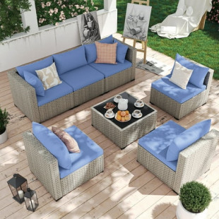 ECOPATIO 7 Pieces Patio Conversation Set, Outdoor Sectional PE Rattan Wicker Furniture Seat,Haze Blue