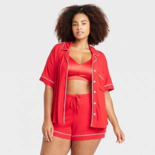 Women's Cloud Knit Short Sleeve Top and Shorts Pajama Set - Auden™ Red 1X