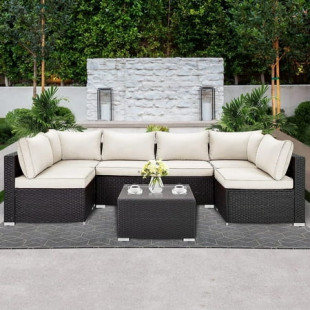 LAUSAINT HOME 7 Pieces Patio Conversation Set, Outdoor Sectionals with 6 Chairs and 1 Coffee Table, Beige Cushions