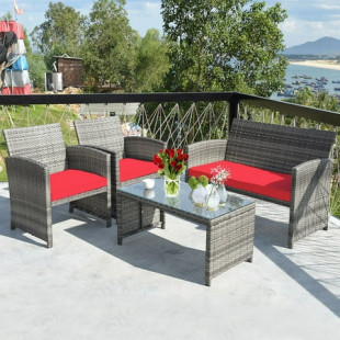 Costway 4PCS Patio Rattan Conversation Glass Table Top Cushioned Sofa Red