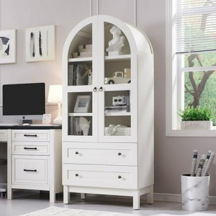 IFGET 71-Inch Arched 4-Tier Bookcase with Glass Doors and Drawers