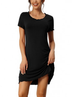 cheibear Women's Ruffle Round Neck Short Sleeve Loungewear Nightshirts Black X-Large