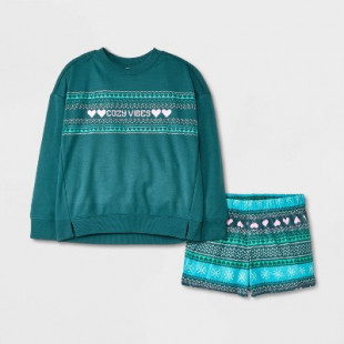 Girls' 2pc 'Cozy Vibes Fairisle' Long Sleeve Sweatshirt Boxer Pajama Set - art class™ Green S