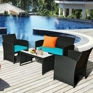 Costway 4PCS Patio Rattan Furniture Conversation Set Cushion Sofa Table Garden Turquoise