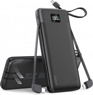 ANOUV 10000mAh PD 22.5W Portable Fast Charger with Built-in Cable, AC Plug, & LED Display